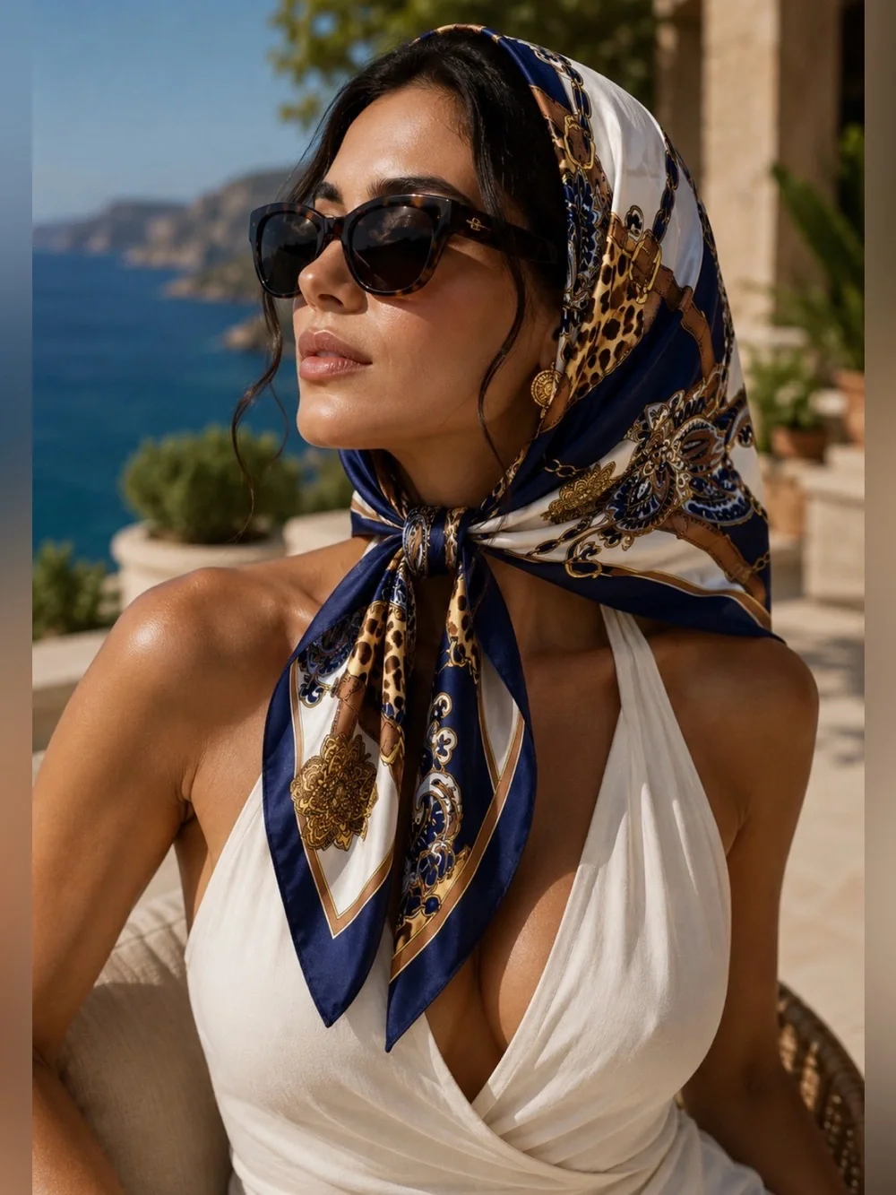 Vintage Italian Equestrian Leopard Paisley Square Scarf – Navy & Gold
